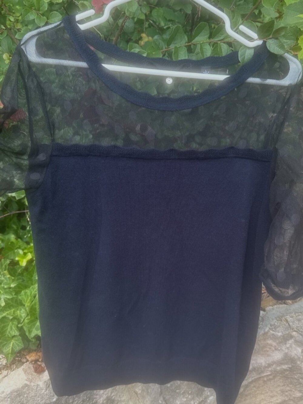 Knitted & Knotted Anthropologie Black Sheer Polka Dot Mesh Sleeve Top Large